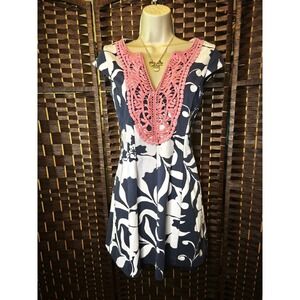 Lilly Pulitzer Briella Fit & Flare Dress Navy Blue Johnny B Cap Sleeve‎ Size XS